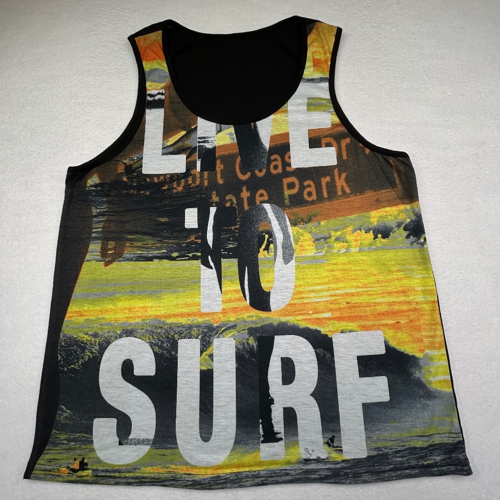 Fort Knox men Large ‘Live to Surf’ Graphic Tank top Beach Surf style Skate Surf